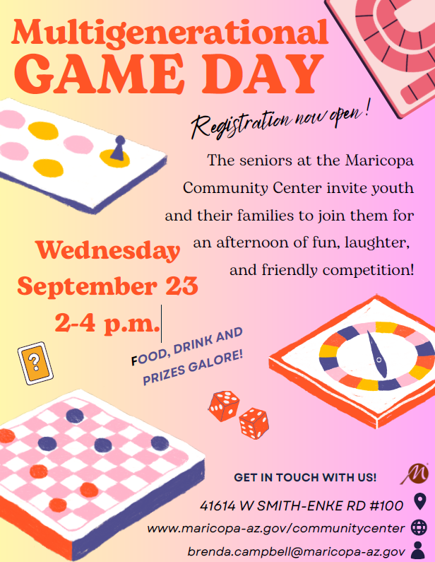 Flyer for a Multigenerational Game Day at the Community Center on Sept 23, 2026 at 2pm.