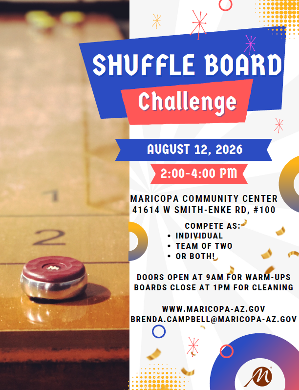 Flyer for August 12, 2026 Shuffleboard Challenge event at the Community Center from 2 to 4 pm.