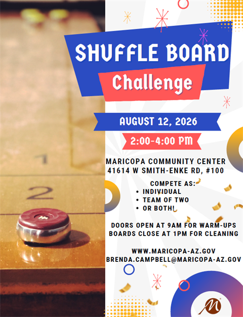 Flyer for August 12, 2026 Shuffleboard Challenge event at the Community Center from 2 to 4 pm.