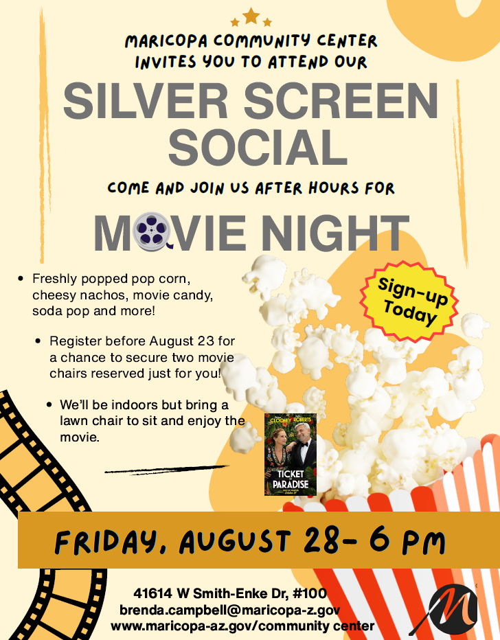 Flyer for the Silver Screen Social being held at the Community Center at 6pm on Aug 28, 2026. 