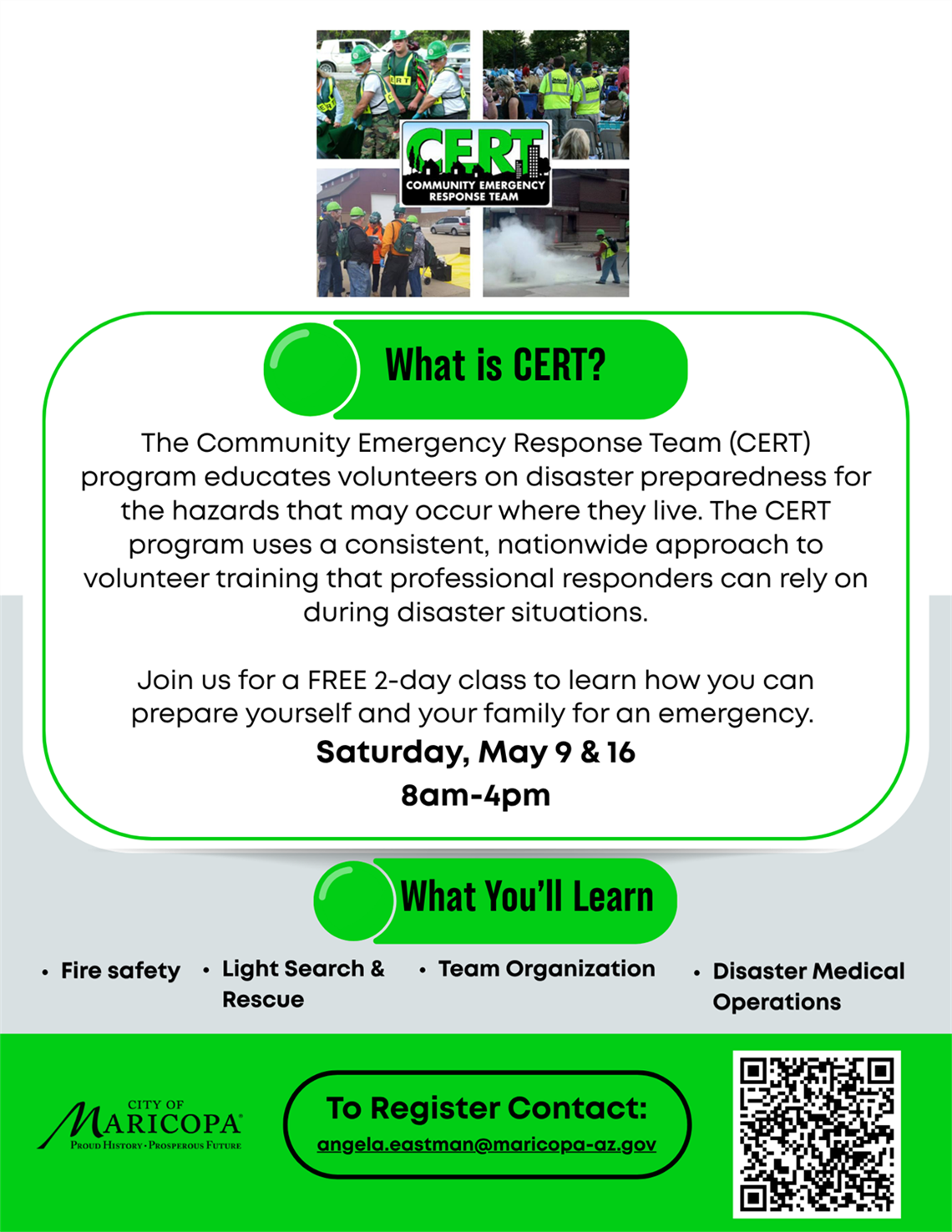 Flyer for CERT program, featuring images of volunteers, description of a free 2-day disaster preparedness class on May 9 and 16, and contact info.