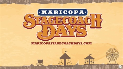 Maricopa Stagecoach Days poster with vintage Western style lettering on a parchment background and website www.maricopastagecoachdays.com. Illustrations of a stagecoach, tents, and a Ferris wheel create a festive, nostalgic tone.