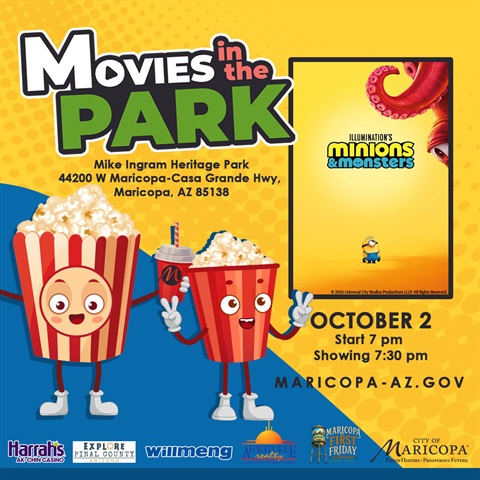 Promotional poster for Movies in the Park featuring two cartoon popcorn characters, a Minions & Monsters movie poster, and event details for October 2 in Maricopa, Arizona.