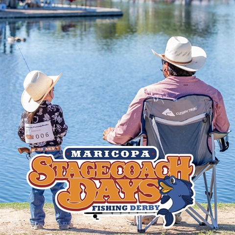 A child in a cowboy hat fishing beside an adult in a hat, both facing a tranquil lake during a fishing derby event, with a logo for 