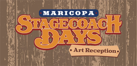 Graphic of the Stagecoach Days logo with the sub-logo for Art Reception on a wood grain background