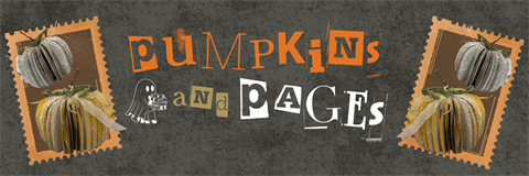Vintage textured banner with pumpkin postage stamps on both sides and playful cutout lettering reading “Pumpkins and Pages,” evoking autumn and books.