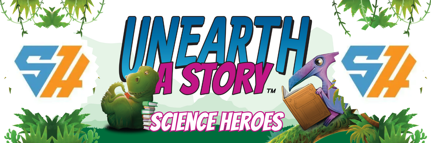 Dinosaur characters with books flank 