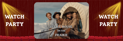 Four people in pioneer-era clothing ride a covered wagon under a blue sky. Text reads 