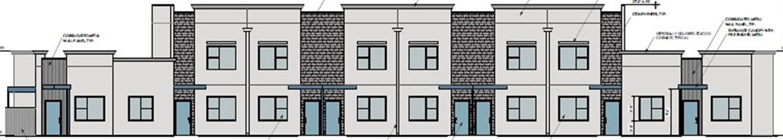 A row of modern townhouses in grayscale, featuring flat roofs, rectangular windows, and brick accents. Blue doors add a pop of color, suggesting a contemporary design.