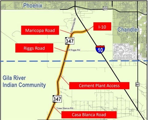 Map showing roads around Phoenix, highlighting I-10, Maricopa Road, Riggs Road, Casa Blanca Road, Cement Plant Access, and the Gila River Indian Community.