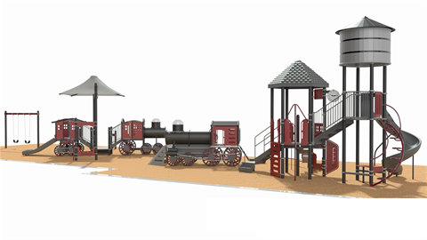 Playground with train theme, featuring red train structures, swings, slides, and a water tower on sandy ground. Inviting and playful atmosphere.