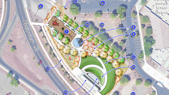 Aerial view of a landscaped park layout with numbered markers highlighting various features. Curved pathways, green areas, trees, and parking are visible.
