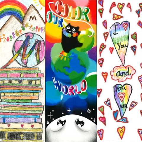 A colorful triptych with three panels. Left: mountains, rainbow, children, books. Center: cat with colors, Earth, 
