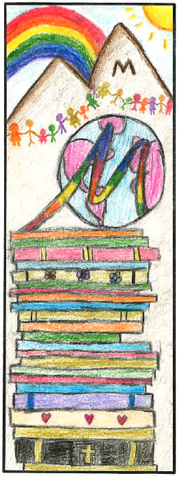 Stack of colorful books with a globe and rainbow mountains above, surrounded by diverse paper doll figures. Sunny, joyful, and vibrant.