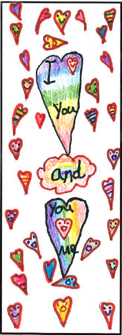 Colorful bookmark with hearts and the words 