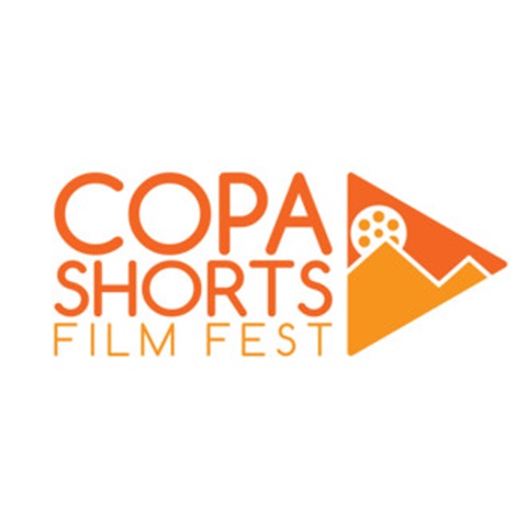 Logo for Copa Shorts Film Fest featuring bold orange text and a triangular play button with a film reel and mountain graphic on a white background.