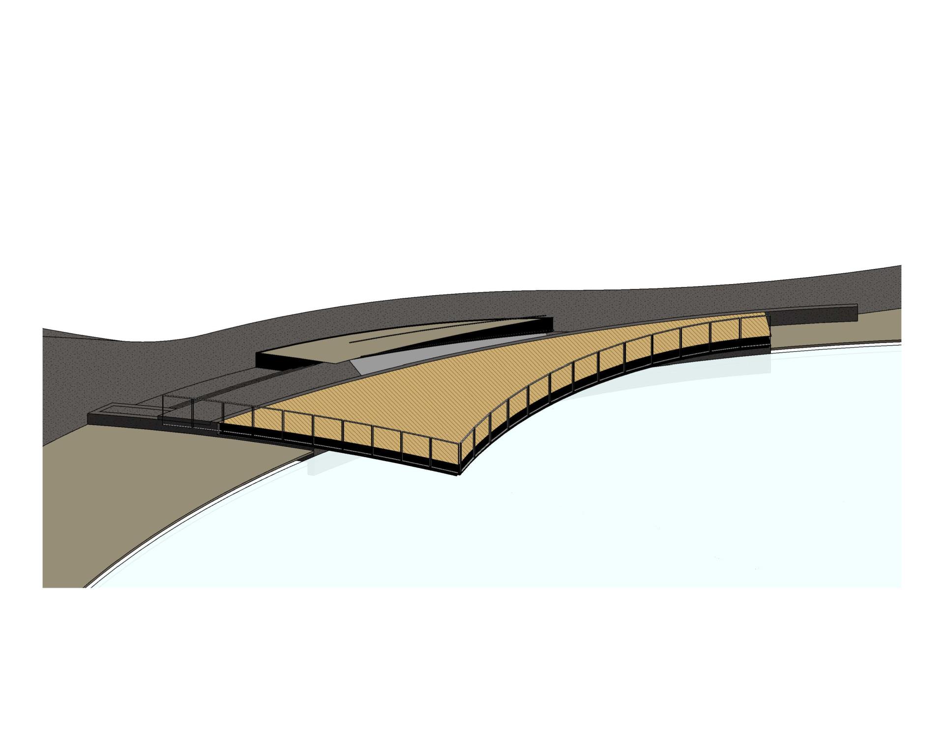 Illustration of a modern, curved boardwalk with wooden deck and metal railings over a calm water body. Minimalist design, blending with the landscape.
