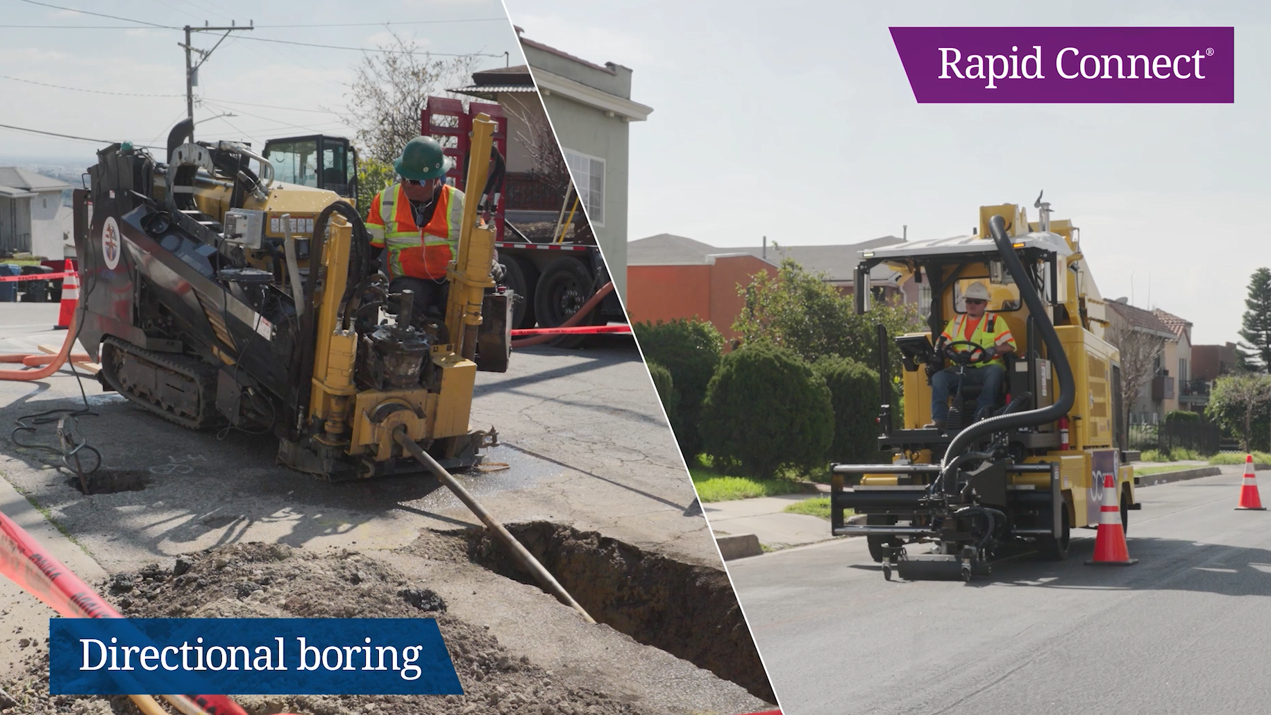 Split image showing construction processes: left side features a worker operating a directional boring machine near a trench; right side depicts machinery on a street with cones. Tone conveys industriousness.