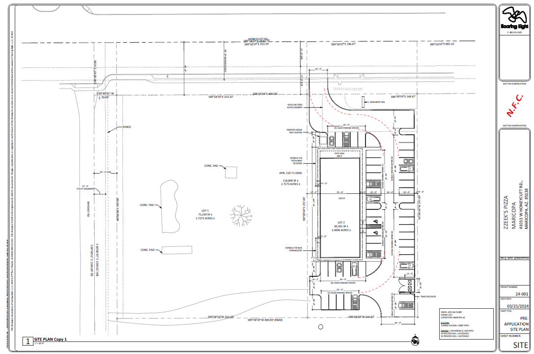 Architectural site plan for a pizzeria, showing the restaurant layout, parking spaces, drive-thru path, landscaped areas, and neighboring streets.
