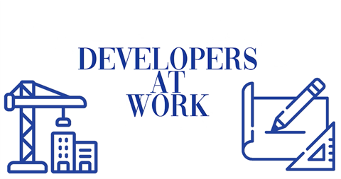 Blue icons of a construction crane and blueprint with pencil frame the words 