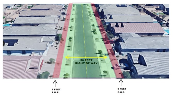 Aerial view of a residential street marked with a 50-foot-wide green right-of-way. Red areas indicate 8-foot public utility easements (P.U.E.) on each side.