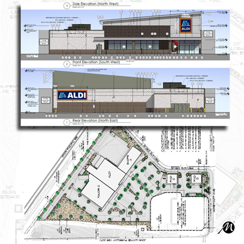 Architectural plan of an Aldi store, showing front, side, and rear elevations with labeled measurements. The site plan includes parking and landscaping.