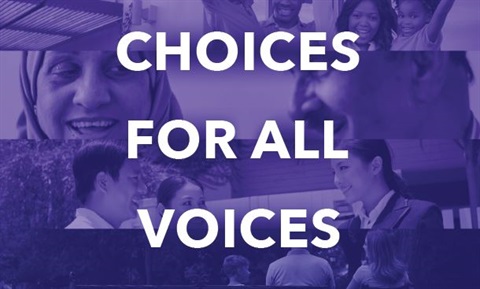 A collage of diverse smiling people in purple tones. Overlaid text: 