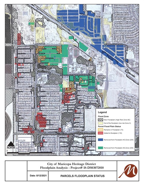 Map of Maricopa Heritage District shows floodplain zones with color codes: blue, red, green, and brown. Legend details flood risk and changes.