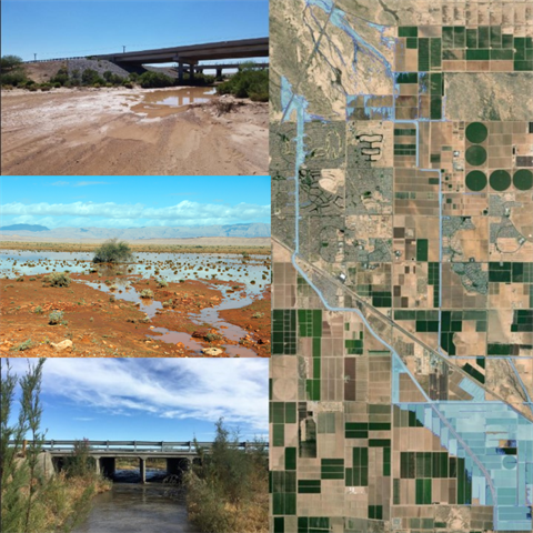 Collage of four images: a muddy underpass, a flooded desert scene, a map of farmland with irrigation, and a bridge over a flowing river. Tone: natural and geographic.
