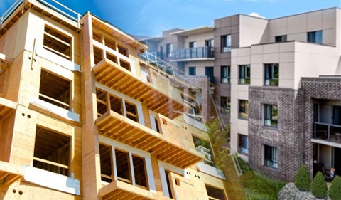 Split image of a building under construction and a completed modern apartment block. The left side shows a wooden frame, the right side shows finished apartments.