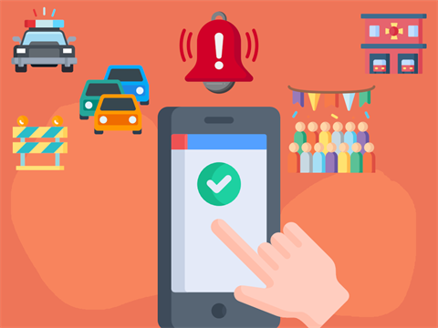 A hand taps a smartphone with a check mark on the screen. Surrounding icons include a police car, traffic, alert bell, barricade, building, and crowd, implying emergency management.