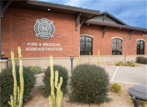 Brick building labeled 