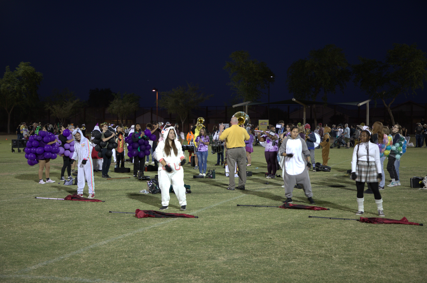 A marching band performs on a field at night. Members are dressed in playful costumes like fruit and animals. The scene is lively and festive.