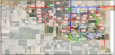 Map of a 10-year CIP roadway project, showing a grid layout with color-coded routes. Areas are marked with labels and lines in red, blue, and green.