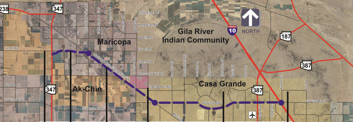 Map detailing an area with red highways and a proposed purple route through Maricopa, Ak-Chin, and Casa Grande. The Gila River Indian Community is marked.