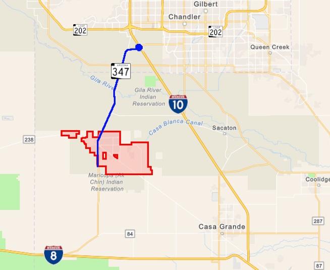 Map highlighting the Maricopa region in Arizona with a red boundary. Key highways, including 347 and I-10, are marked, connecting nearby cities.