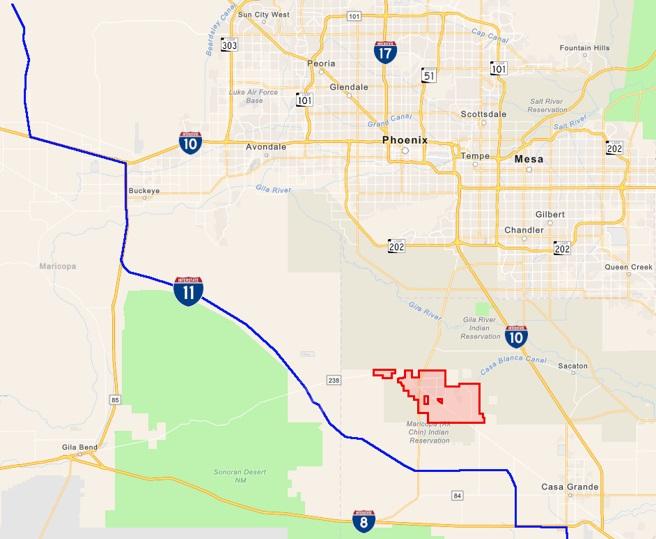 Map showing highways around Phoenix, Arizona. Key routes include I-10 and I-11. The Gila River Indian Reservation is outlined in red near Casa Grande.