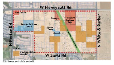 Map showing significant locations bordered by W Honeycutt, N Porter, N White & Parker, and W Santi Rd. Notable sites include a school, business park, fire station, and church, highlighted in varied colors.