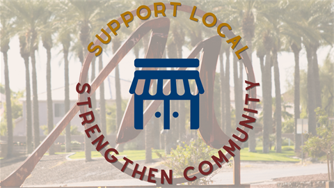 Illustration of a blue storefront icon encircled by the phrases 