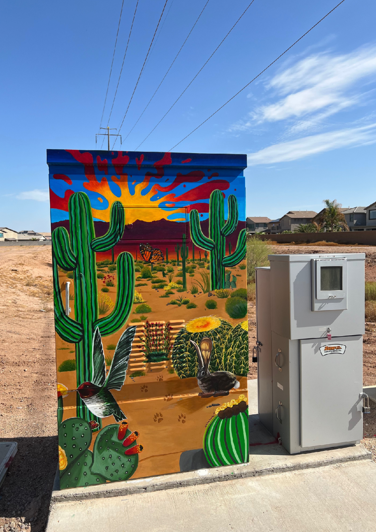 A vibrant mural on a utility box depicts a desert scene with green cacti, a sunset, a butterfly, a rabbit, and two birds, evoking a lively Southwest desert vibe.