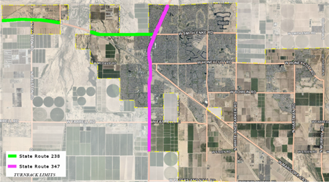 Aerial map showing green and magenta lines marking State Routes 238 and 347, respectively. Surrounding grid shows roads and agricultural fields.