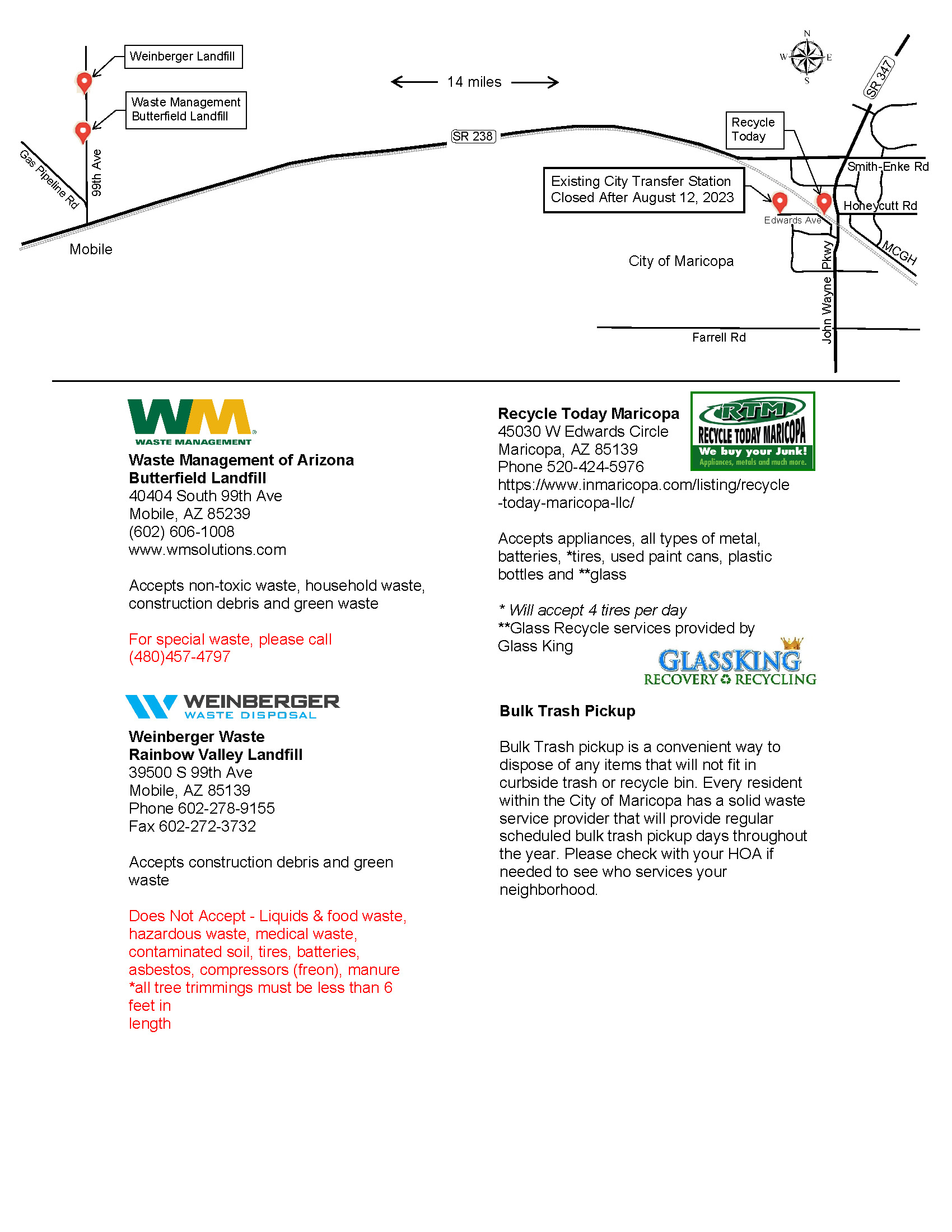 Map showing waste management locations and bulk trash pickup details in Mobile and Maricopa, AZ. Includes addresses, contact info, and accepted items.