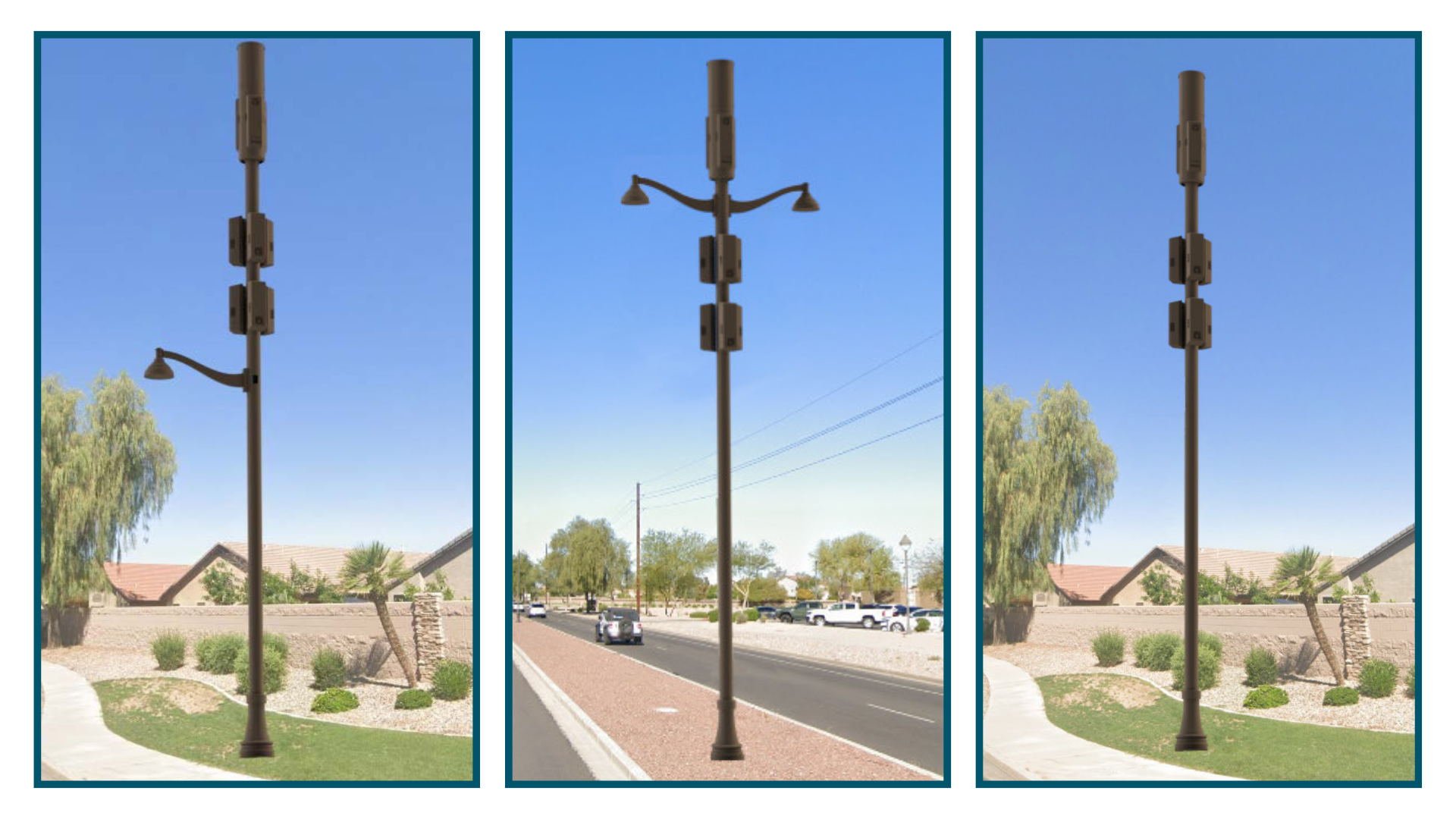 Three side-by-side images of a tall, brown streetlight with double lamps, standing on a sidewalk beside a road with desert landscaping and clear blue skies.