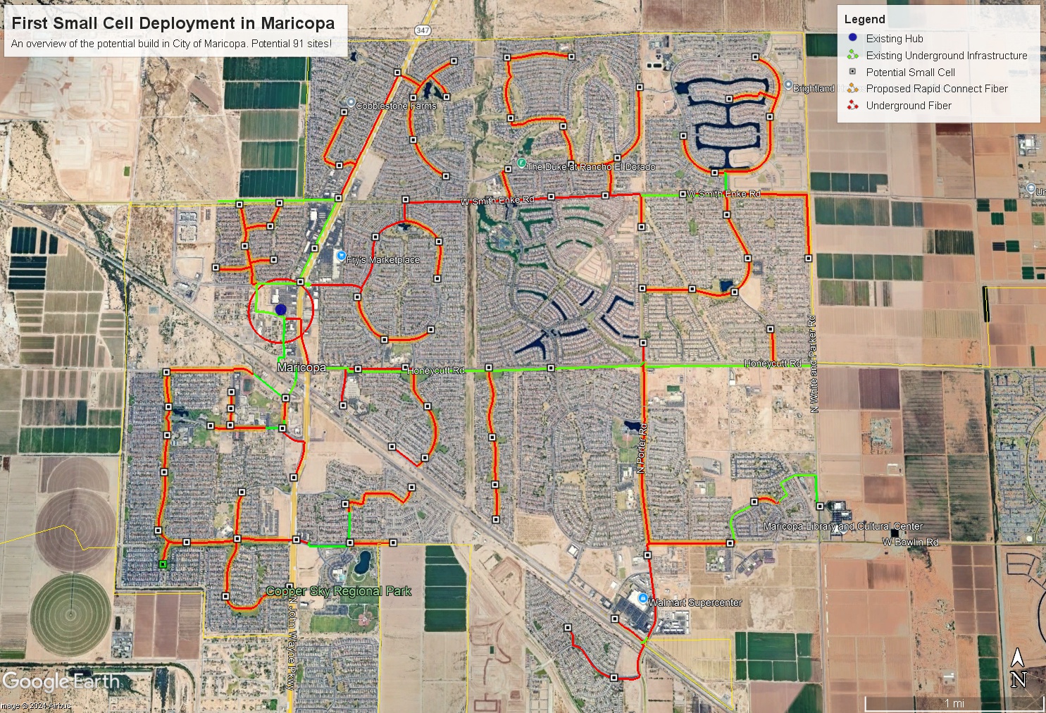 Aerial map of Maricopa showing small cell deployment. Orange lines mark proposed areas. Legend includes small cells, hubs, fiber routes.