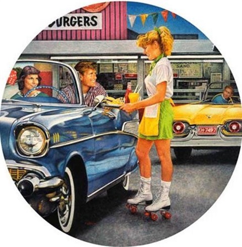 A retro scene at a drive-in diner shows a waitress on roller skates serving a couple in a vintage blue car. The setting is cheerful and nostalgic.