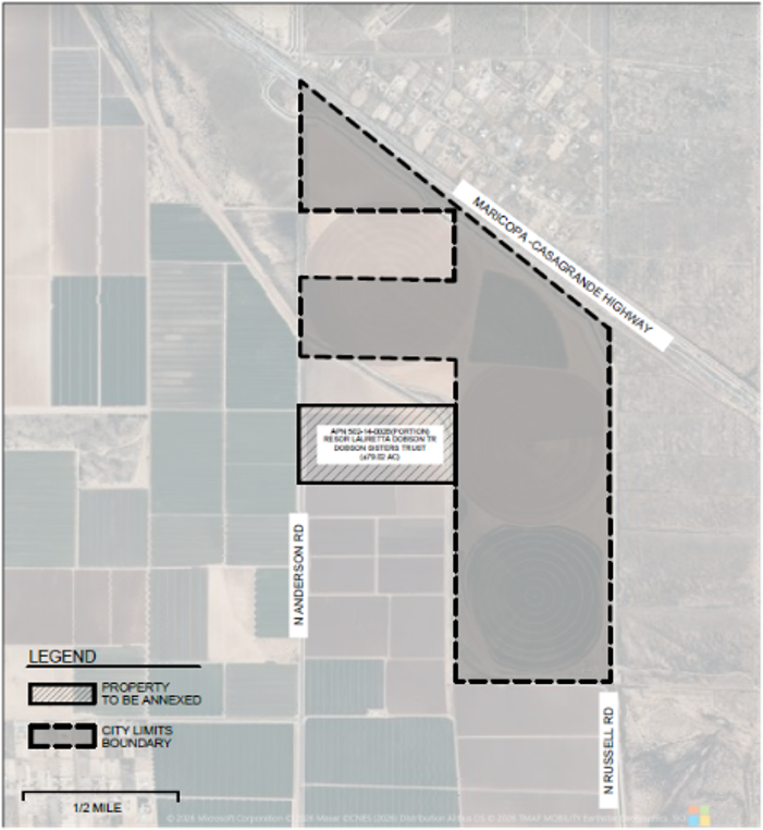 Map showing an area to be annexed, outlined by a dashed black line, at the intersection of Maricopa-Casa Grande Highway and Anderson Road.