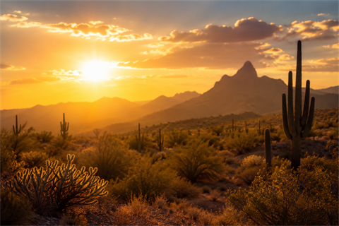 Desert landscape at sunset with rolling hills, a mountain in the background, and prominent saguaro cacti silhouetted against a golden sky.