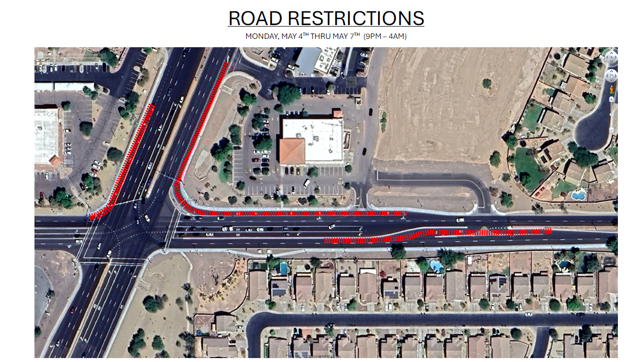 Screenshot of a map showing the weekend lane restrictions on Smith Enke Road at John Wayne Parkway on May 4 thorugh 7.