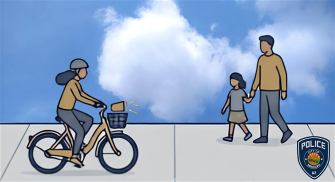 Illustration of a cyclist on a road passing a father and child walking on a sidewalk. The cyclist rings a bell. Police logo in the bottom right.