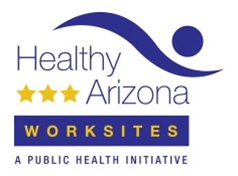 Logo for Healthy Arizona Worksites features blue text with three gold stars and a stylized figure. Emphasizes public health and workplace wellness.